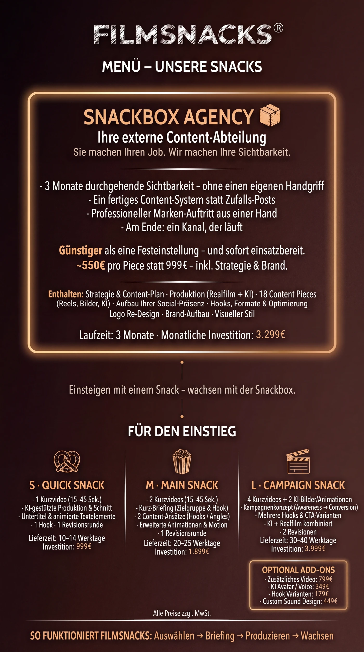 Preisliste von Filmsnacks: Pakete Quick Snack, Main Snack, Campaign Snack und die Snackbox Agency mit Preisen und Leistungen.